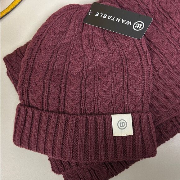 WANTABLE Burgundy Wool Blend Cable Knit Hat & Scarf Set main image 6
